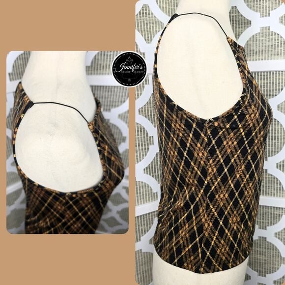 Express NWT Black/Gold/Brown Argyle Sequin Shimmer Tank Top Size Medium - Picture 9 of 13